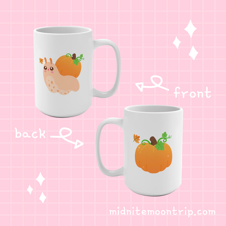 White ceramic mug with A kawaii cute cottagecore orange snail with a pumpkin shell watching an autumn leaf fall