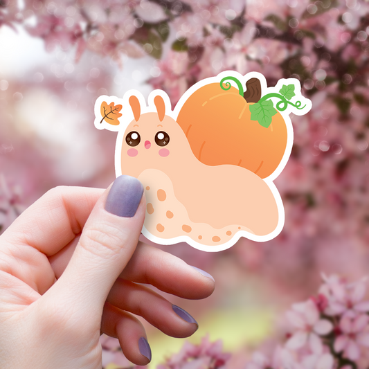 woman's hand holding sticker of a kawaii cute orange snail with a pumpkin shell looking at a orange and yellow autumn fall leaf