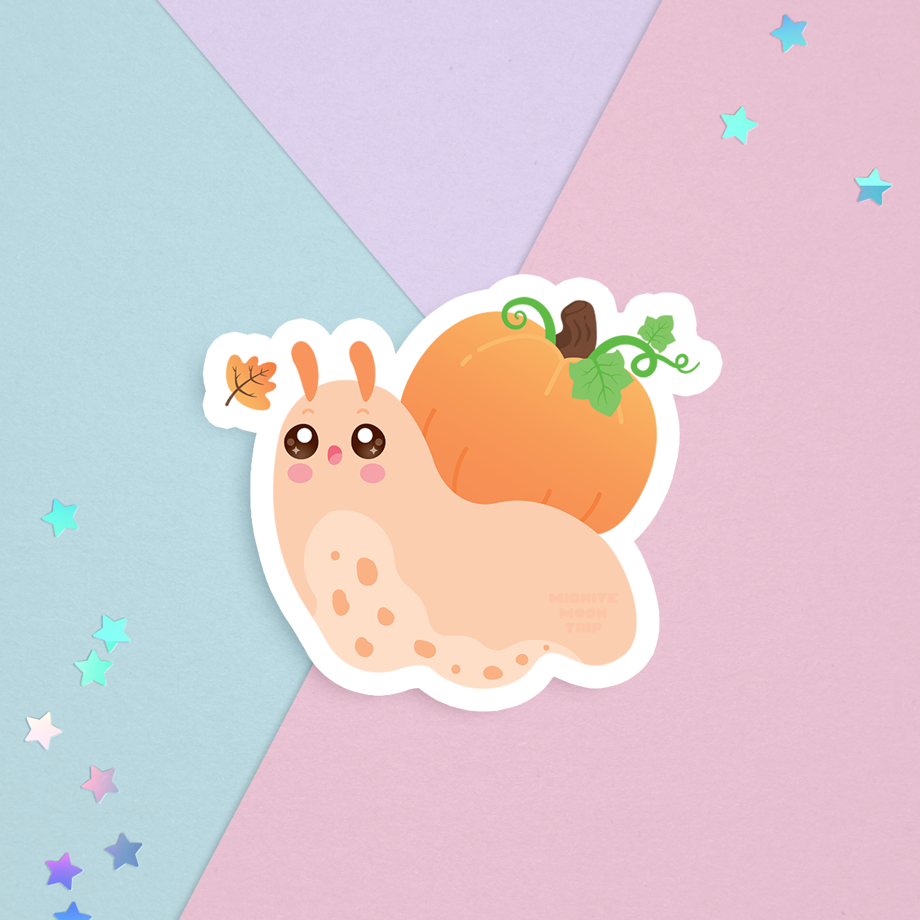 sticker of a kawaii cute orange snail with a pumpkin shell looking at a orange and yellow autumn fall leaf