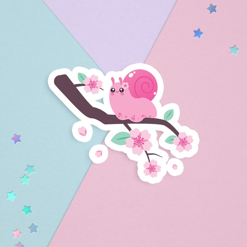 Sticker of A pink kawaii snail on a cherry blossom branch with sakura petals on a pastel background
