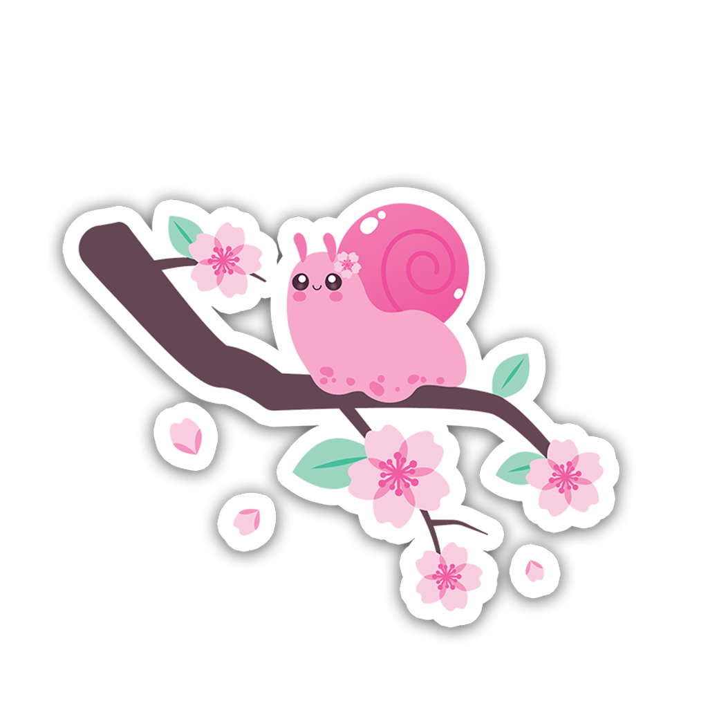 Sticker of A pink kawaii snail on a cherry blossom branch with sakura petals