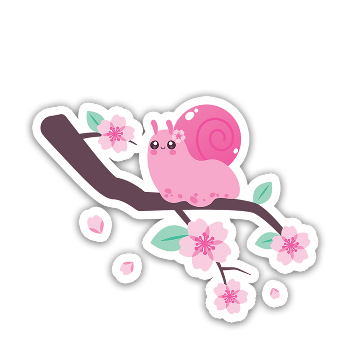 Sticker of A pink kawaii snail on a cherry blossom branch with sakura petals