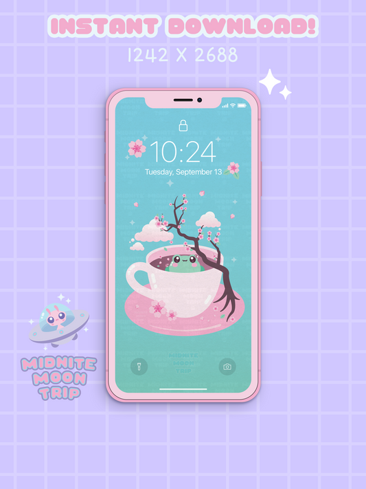 Sakura Tea Frog Phone Wallpaper