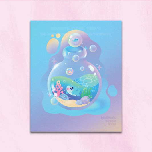 art print with a cute kawaii shark swimming in the ocean with bubbles inside of a potion bottle