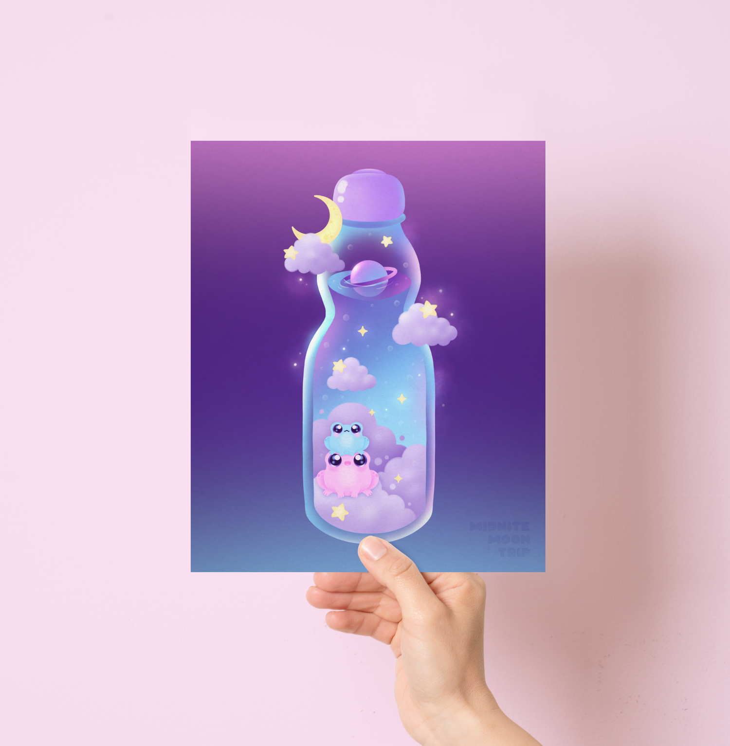 art print with illustration of cute pink and blue frogs in a bottle of ramune soda in outer space