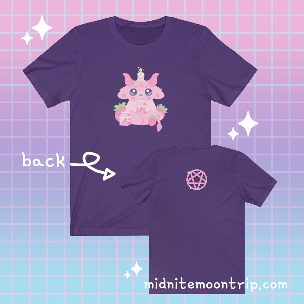 t-shirt with a kawaii cute pink goat baphomet demon with a strawberry milk cow theme, strawberries and milk carton