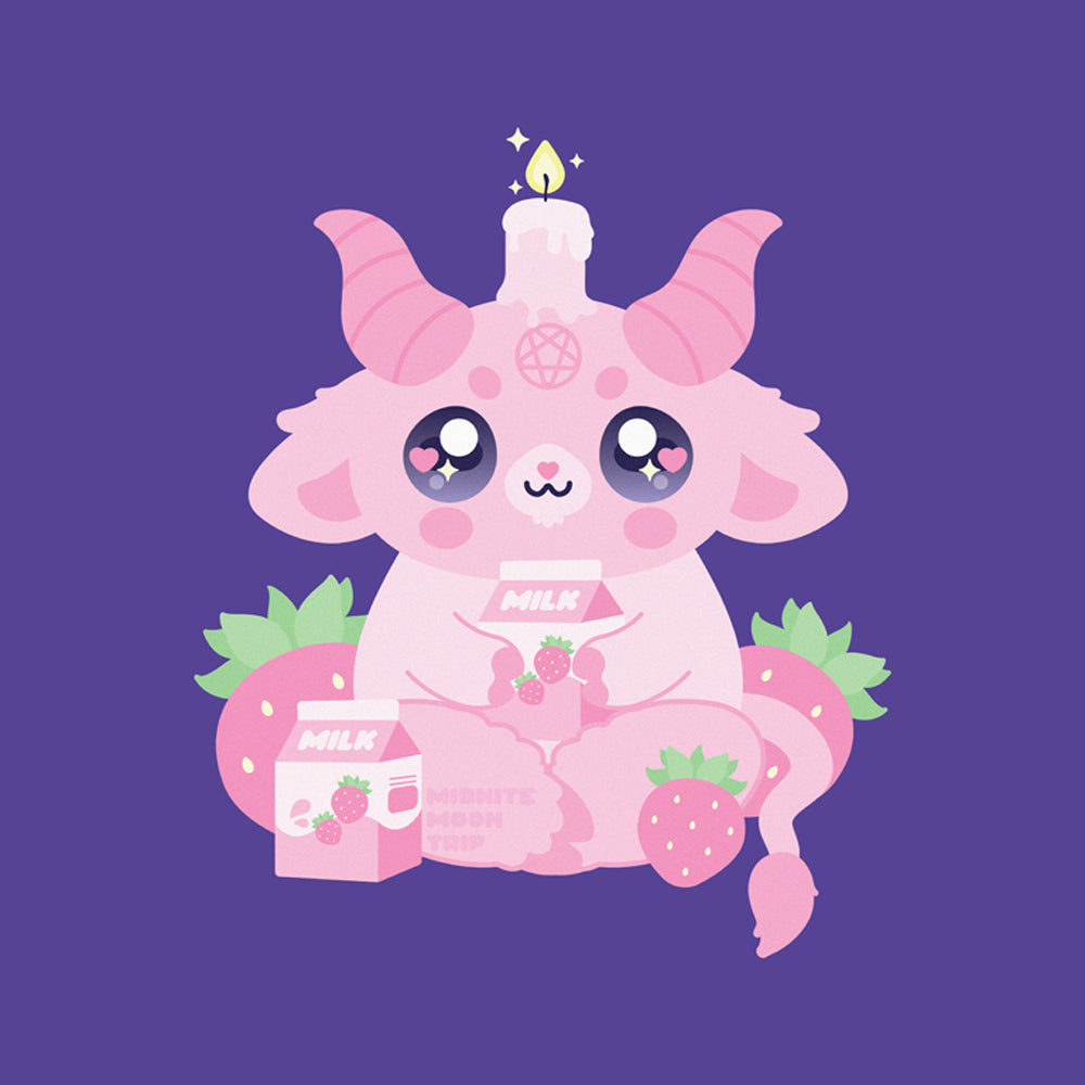 kawaii cute pink goat baphomet demon with a strawberry milk cow theme