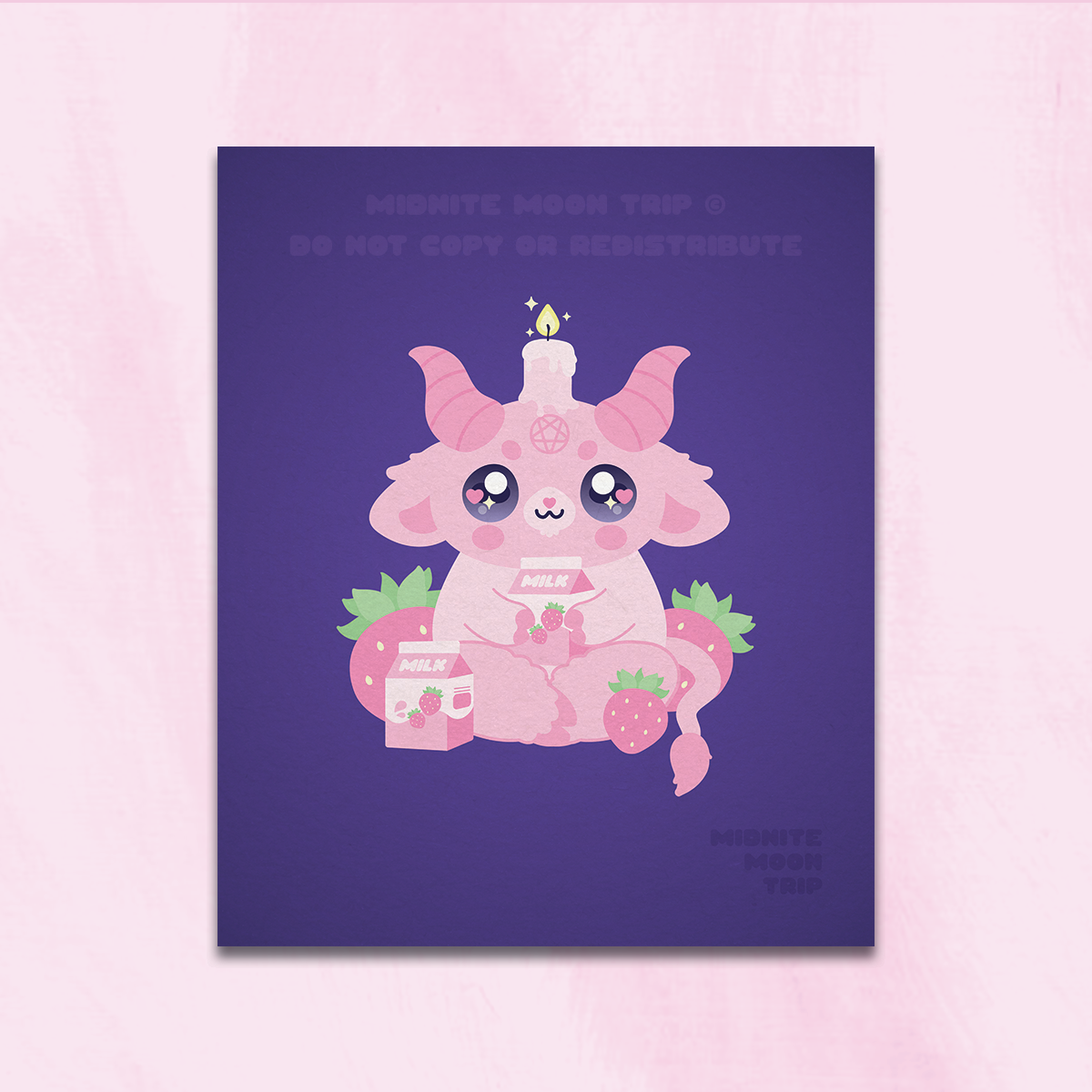 pastel goth hanging art print with a strawberry milk cow themed baphomet goat demon
