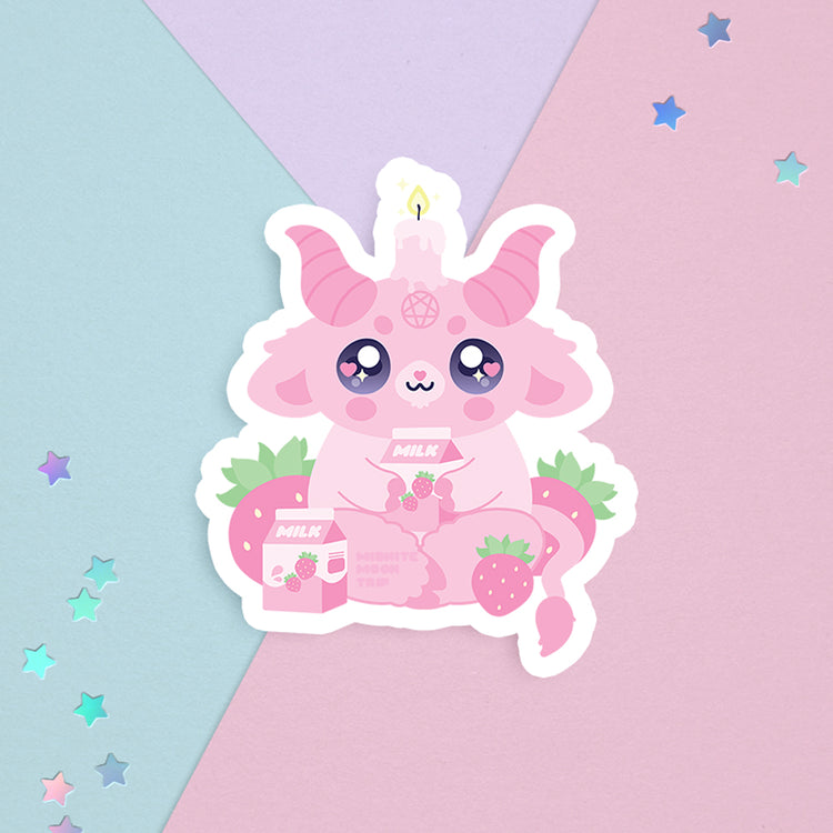 sticker with a kawaii cute pink goat baphomet demon with a strawberry milk cow theme, strawberries and milk carton