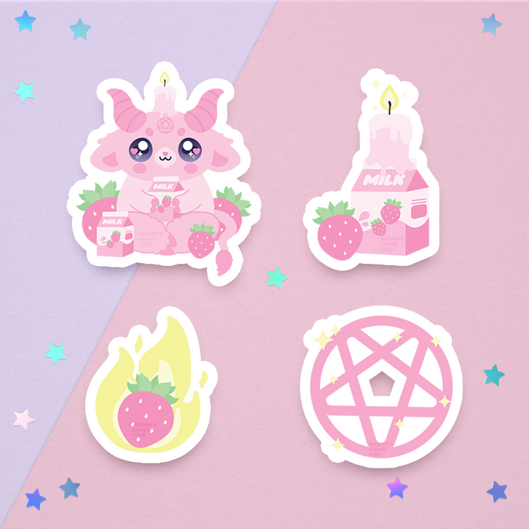 sticker sheet with a kawaii cute pink goat baphomet demon with a strawberry milk cow theme, a strawberry on fire, milk carton with a melting candle, and a sparkly pink pentagram