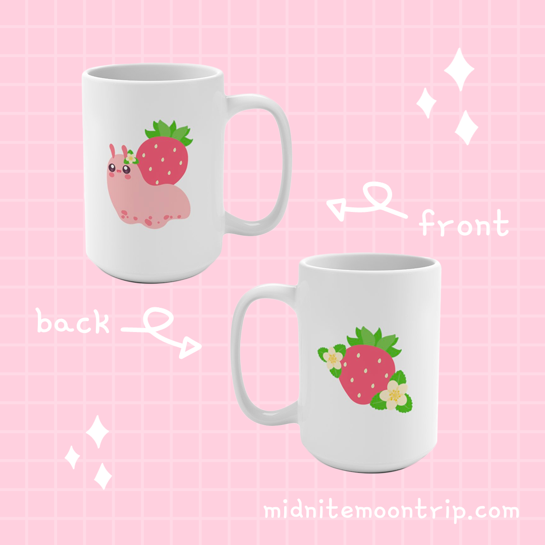 white ceramic mug with a kawaii cute pink snail with  strawberry shell