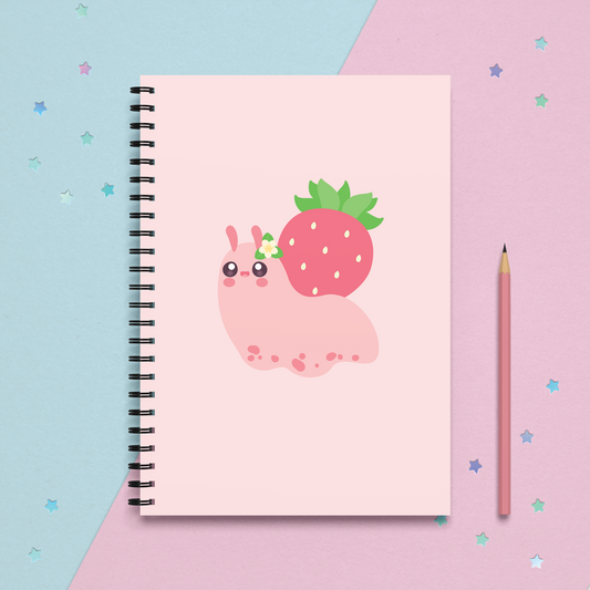 spiral notebook journal with a kawaii cute snail with a strawberry shell on a pastel background