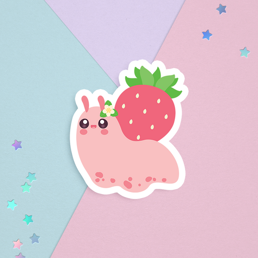 sticker of a kawaii cute pink and green snail with a strawberry shell on a pastel background