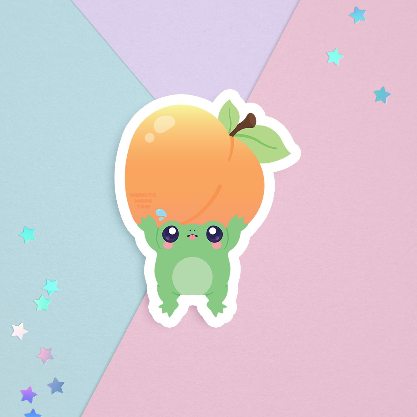 sticker of cute kawaii green frog with muscles lifting a peach