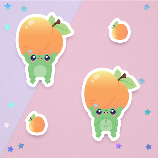 sticker of cute kawaii green frog with muscles lifting a peach