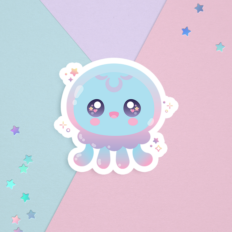sticker of a kawaii cute blue pink and purple moon jellyfish in the ocean with stars on a pastel background