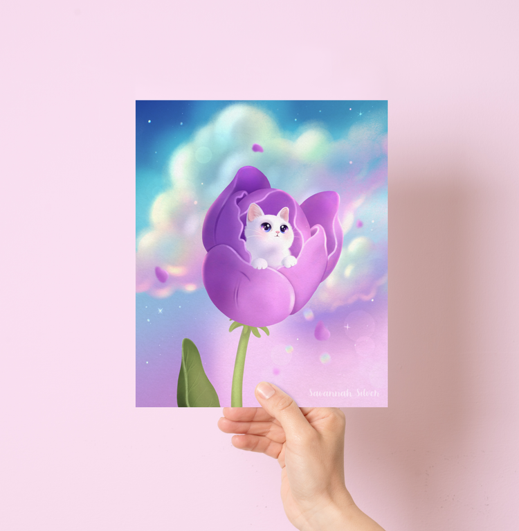 Soft Dreams Tulip Cat Art Print 9" x 11"