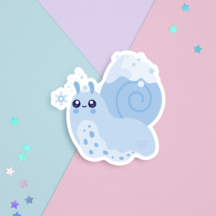 sticker of kawaii cute blue winter snail with snow on its shell and floating snowflakes