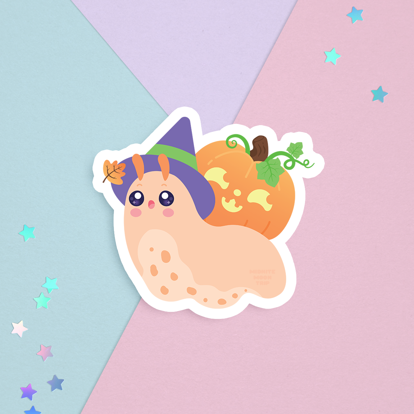 sticker of kawaii cute halloween snail with a jack-o-lantern pumpkin shell and a purple witch hat